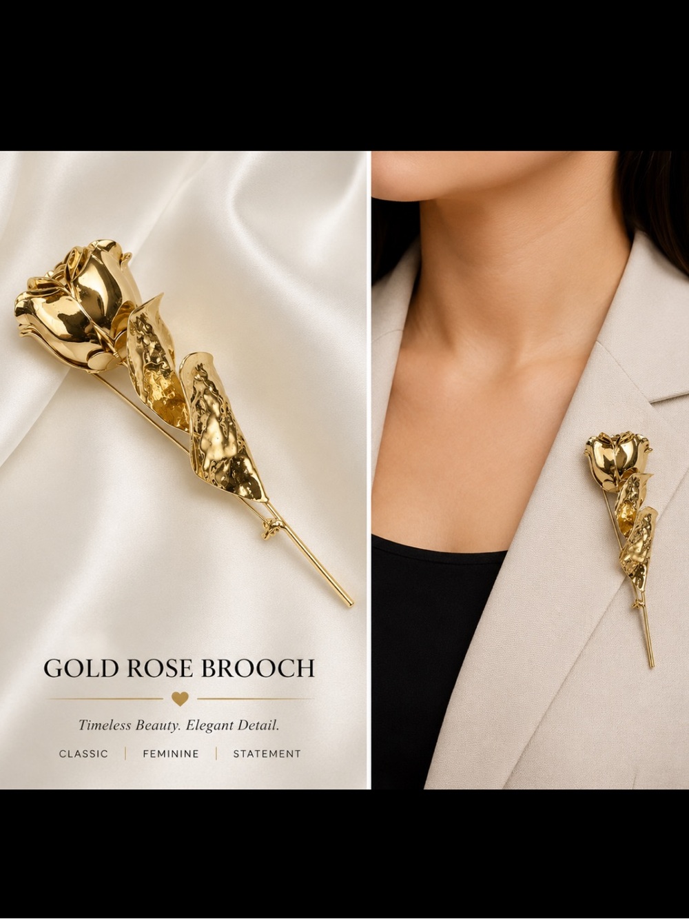 Golden Rose Statement Brooch Elegant Vintage-Inspired Pin